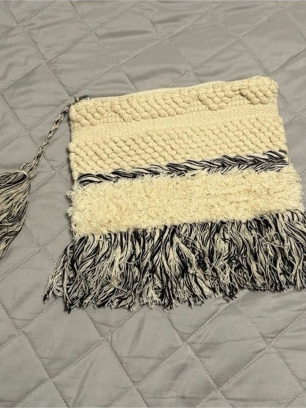 Boho Cream & Navy Clutch Bag Tassel Detail | New Lightweight Zip Pouch